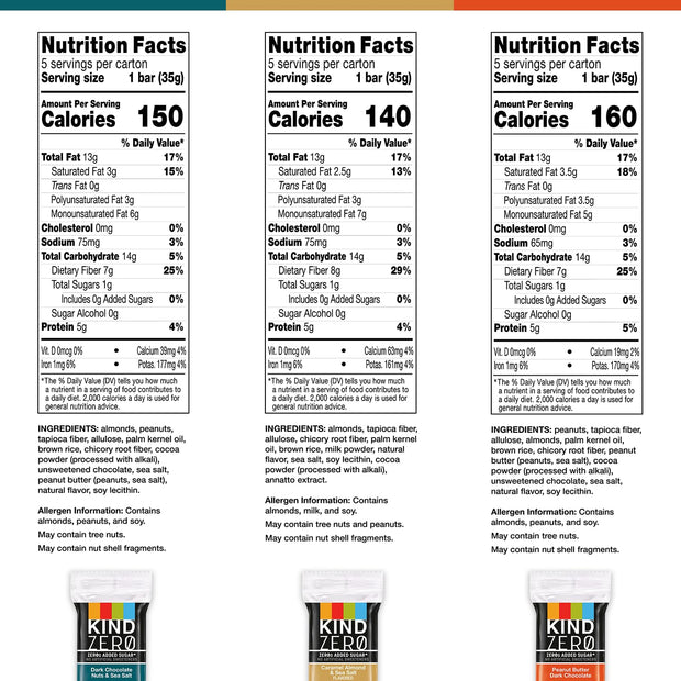 KIND ZERO Added Sugar Bars, Variety Pack, Dark Chocolate Nuts & Sea Salt, Caramel Almond & Sea Salt, Peanut Butter Dark Chocolate, Keto Friendly Snacks, Gluten Free, 5g Protein, 15 Count