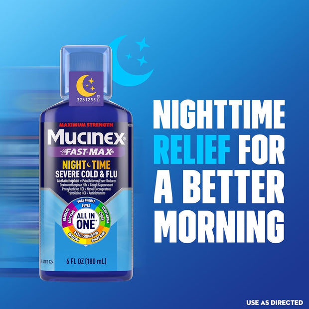 Mucinex Maximum Strength Fast-Max Cold & Flu and Nightshift, All-in-One Multi Symptom Relief Liquid, 6 Fl Oz - 2 Count (Pack of 1)