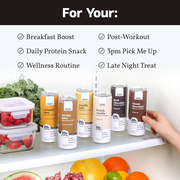 Slate Milk - High Protein Milk Shake - Core Variety Pack - Classic Chocolate, Dark Chocolate, French Vanilla - Lactose Free, 20g Protein, 1g Sugar, 100 Calories, 1-2g Net Carbs - 11 fl oz, 12 Cans