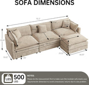 Modular Sectional Sofa, 112.2 Inch L Shaped Couch Set with Armrests, 3-Seater Comfy Cloud Couches with Movable Ottoman for Living Room Apartment, Coffee with 1 Ottoman