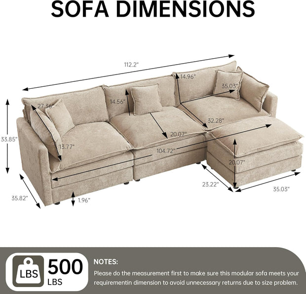 Modular Sectional Sofa, 112.2 Inch L Shaped Couch Set with Armrests, 3-Seater Comfy Cloud Couches with Movable Ottoman for Living Room Apartment, Coffee with 1 Ottoman