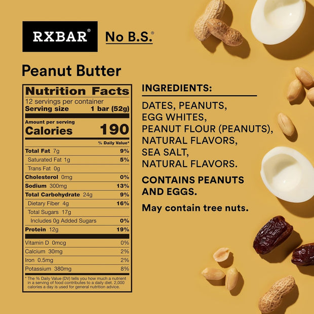 RXBAR Protein Bars, 12g Protein, Gluten Free Snacks, Snack Bars, Peanut Butter, 22oz Box (12 Count)