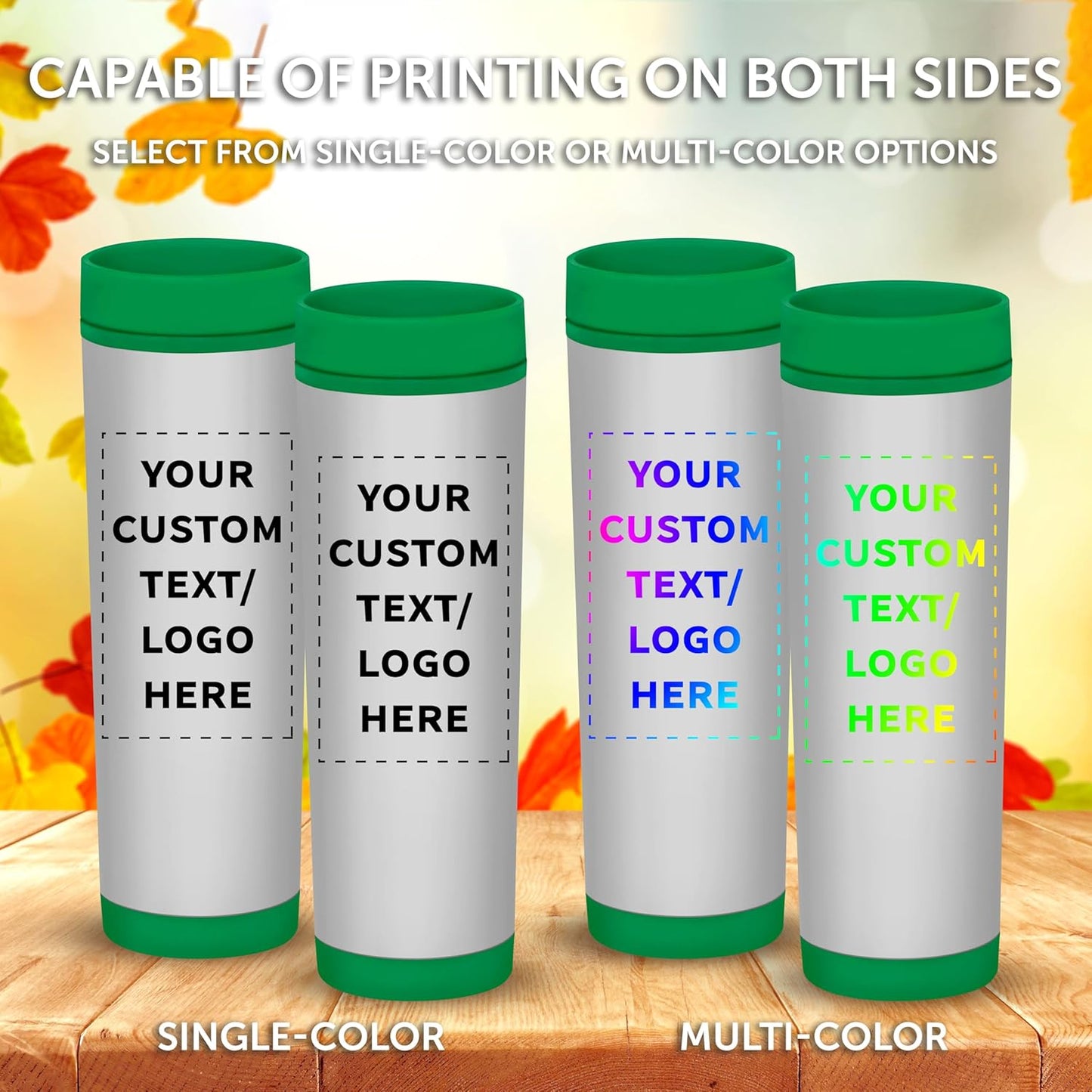 Custom Slim Color Top Stainless Steel Travel Mug 16 oz. Set of 10, Personalized Bulk Pack - Perfect for Coffee, Soda, Other Hot & Cold Beverages - Green
