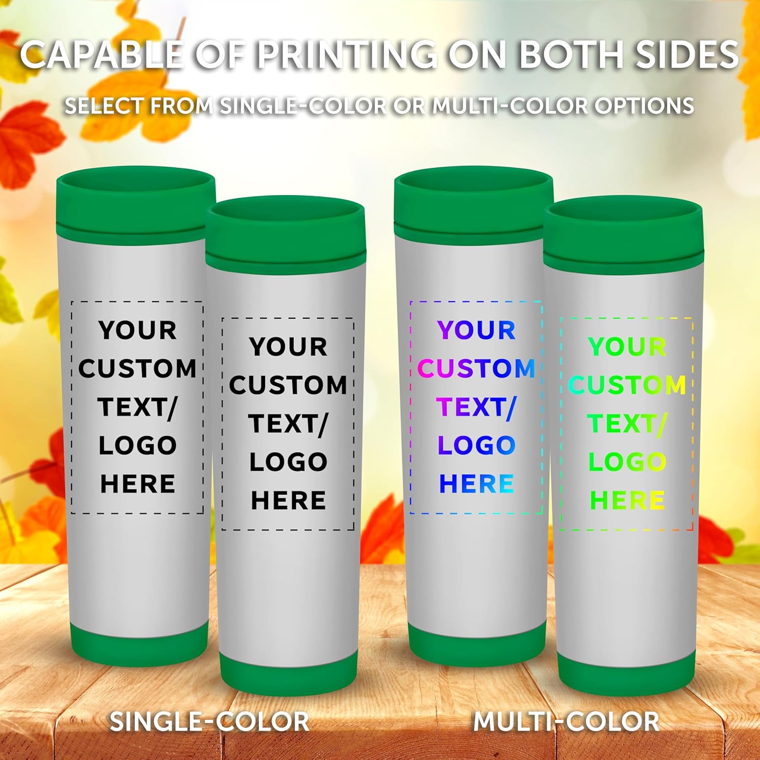 Custom Slim Color Top Stainless Steel Travel Mug 16 oz. Set of 10, Personalized Bulk Pack - Perfect for Coffee, Soda, Other Hot & Cold Beverages - Green