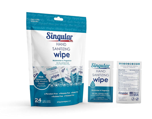 Hand Sanitizing Wipes Travel Size by Singular Wipes – 24ct bag, Individually Wrapped | Fresh Citrus Scent, Moisturizing, 70% Alcohol Wipes | Travel, Office, School, Home | Made in USA