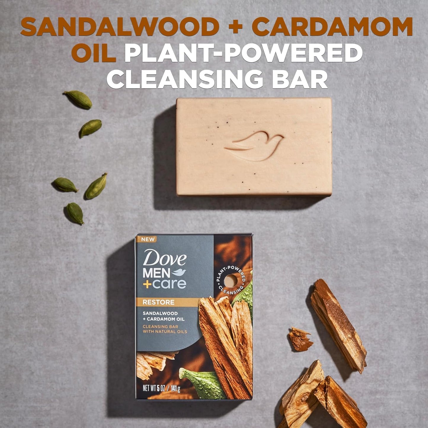 DOVE MEN + CARE Cleansing Bar Soap Sandalwood + Cardamom Oil 4 Bars to Rebuild Skin in the Shower