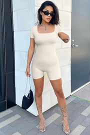 Women's Short Sleeve Yoga Romper Seamless Ribbed Workout One Piece Square Neck Jumpsuit