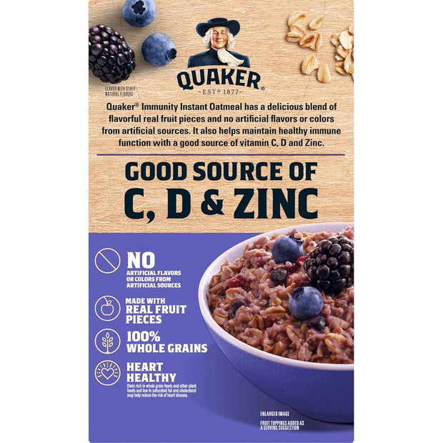 Quaker Immunity Instant Oatmeal, Blueberry Blackberry, Good Source of Vitamins C, D, & Zinc, Whole Grains, No Artificial Flavors, No Colors from Artificial Sources, 1.41 oz Packets, (6 Pack)