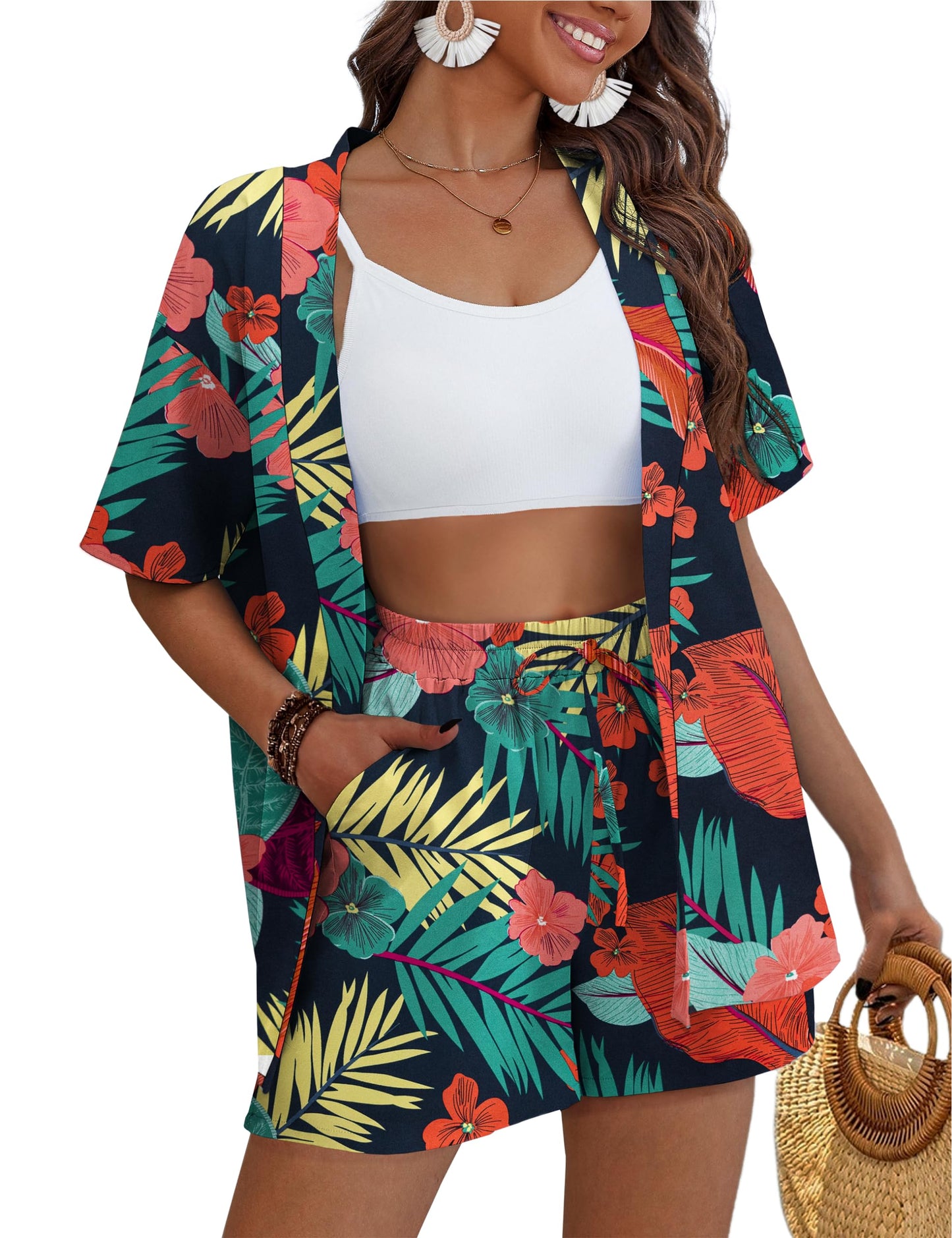 REDHOTYPE Women's 2 Piece Outfits Kimono Style Tropical Print Cover Ups Half Sleeve Blouse Shorts Set Summer Beachwear （S-XL）