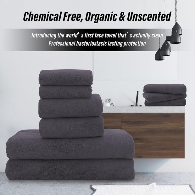 MOONQUEEN Ultra Soft Towel Set-Quick Drying-2 Bath Towels 2 Hand Towels 2 Washcloths - Microfiber Coral Velvet Highly Absorbent Towel for Bath Fitness, Bathroom, Sports, Yoga, Travel(Dark Grey, 6 Pcs)