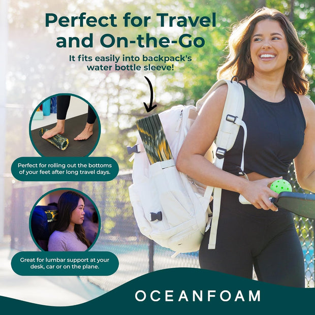 Oceanfoam Ripple Travel Foam Roller (11" x 3.35") Firm Mini Foam Roller for Physical Therapy, Deep Tissue Massage, Back Pain - High Density, Ergonomic Wave Textured - Yoga, Exercise (Black Marbled)