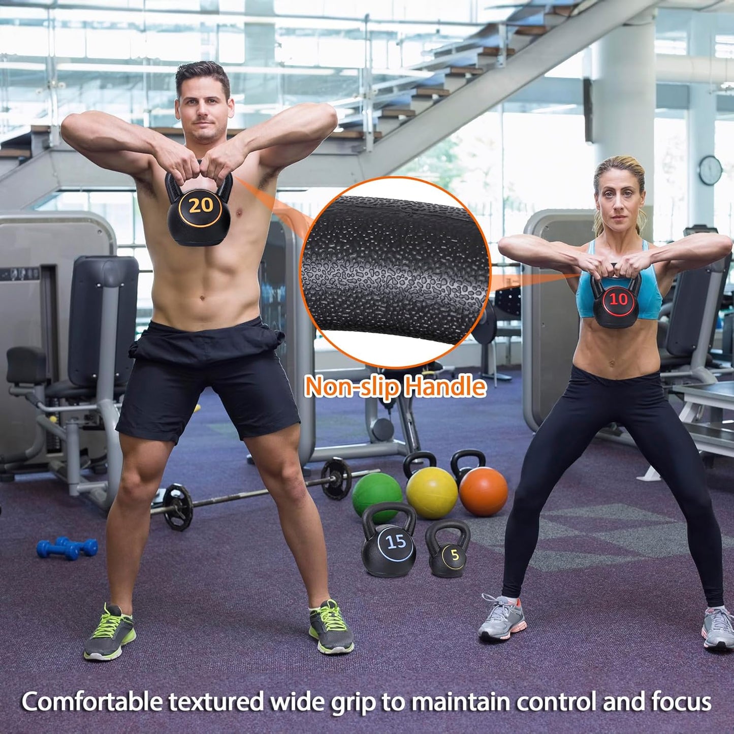 4-Piece Wide Grip Kettlebell Set, Strength Training kettlebells, 5 lbs 10 lbs 15 lbs and 20 lbs, Exercise Fitness Concrete Weight, Full Body HIIT Workout