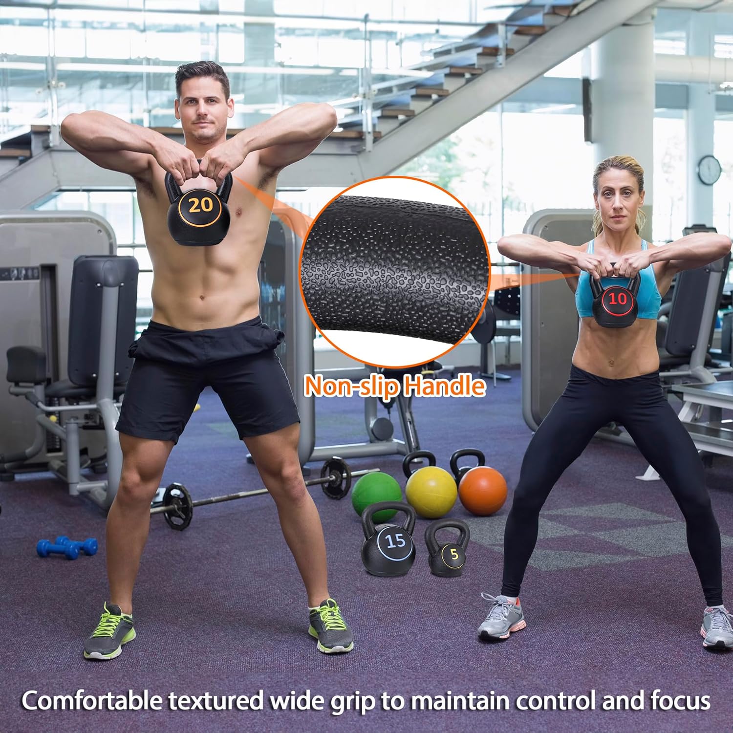 4-Piece Wide Grip Kettlebell Set, Strength Training kettlebells, 5 lbs 10 lbs 15 lbs and 20 lbs, Exercise Fitness Concrete Weight, Full Body HIIT Workout