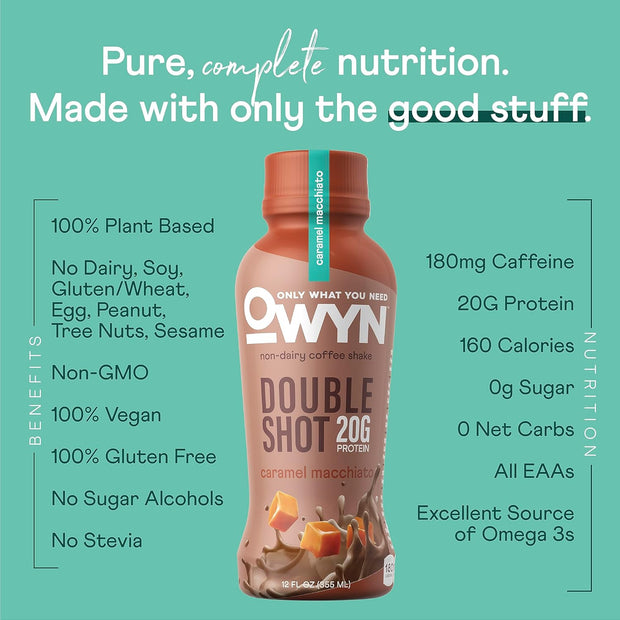 OWYN Only What You Need Double Shot Dairy Free Keto Protein Coffee Shake, Caramel Macchiato, 0g Sugar, 20g Plant Based Protein, 180mg Caffeine, Gluten & Soy Free, Non-GMO, Vegan (12 Pack, 12 Fl Oz)