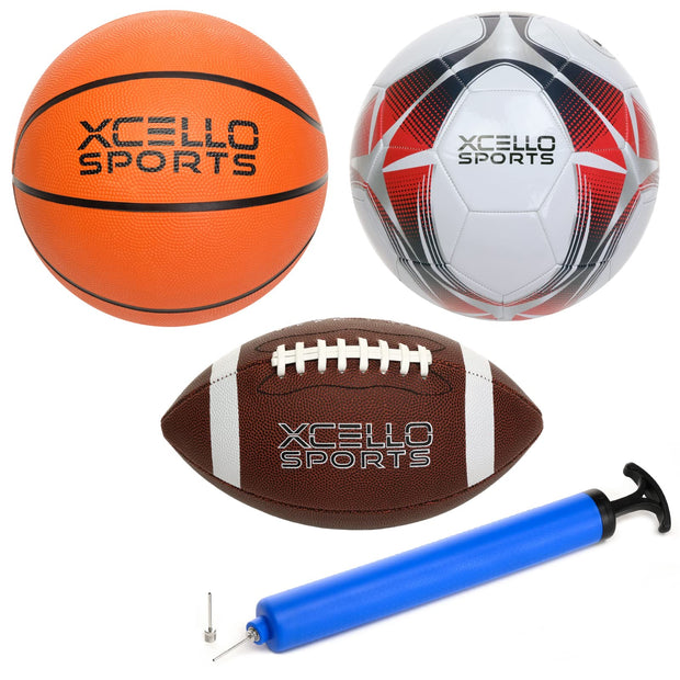 Multi-Sport 3-Ball Set - Jr. Football, Official B7 Basketball and Size 5 Soccer Ball with Ball Pump (Classic)