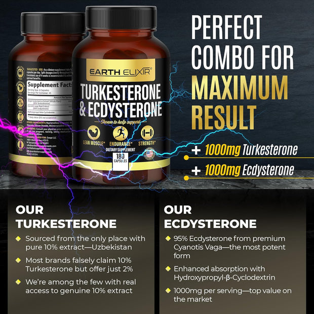 Turkesterone & Ecdysterone – Natural Testosterone Support, 2-in-1 High Potency Turkesterone Supplement for Men & Women with 95% Beta Ecdysterone - Made in USA & 3rd Party Tested - 180 Capsules