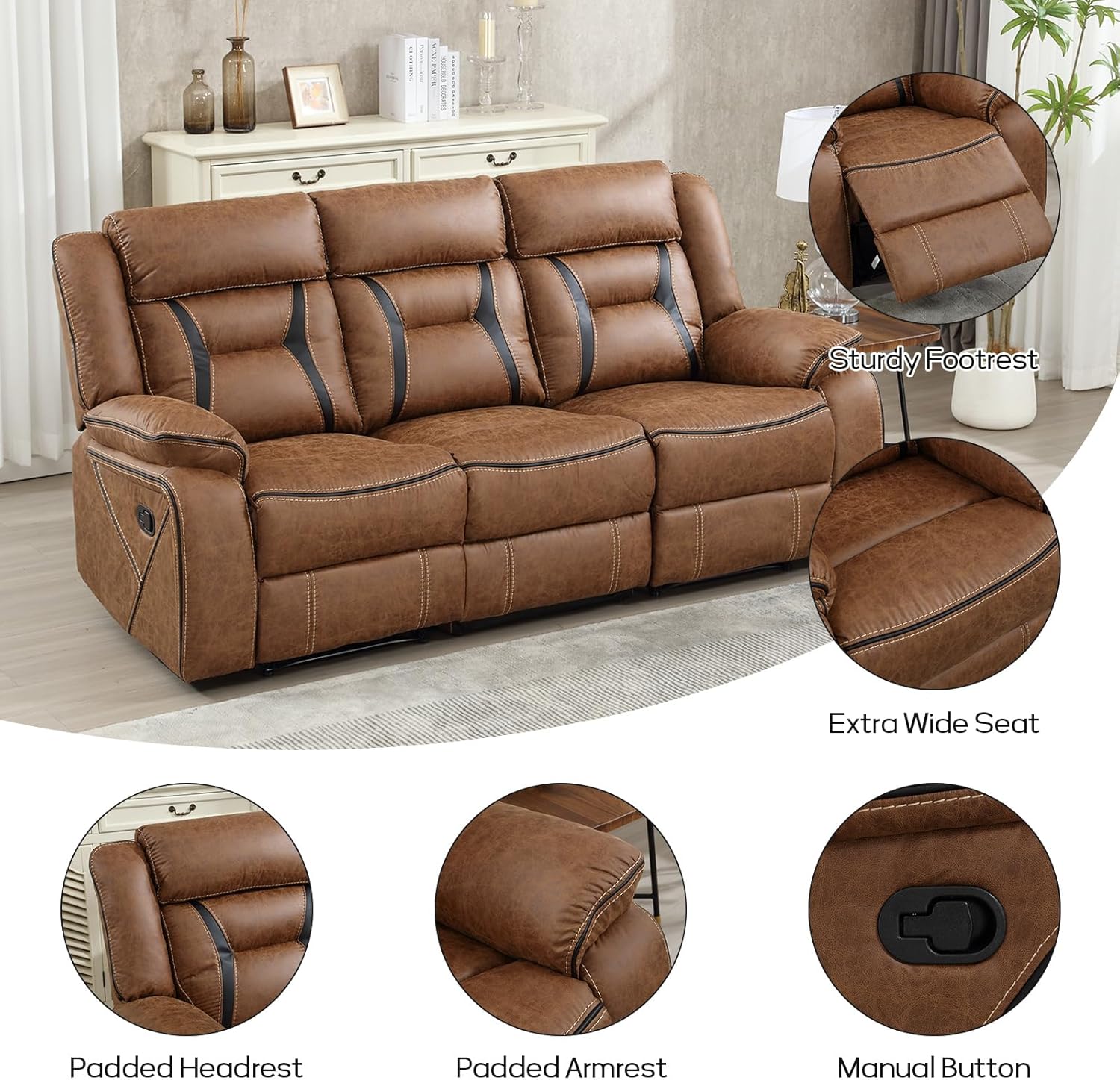 Faux Leather Recliner Sofa Furniture Set for Living Room, 2 Recliner Chairs, 3 Seat Reclining Sofa Couch Set for Meeting Room, Brown