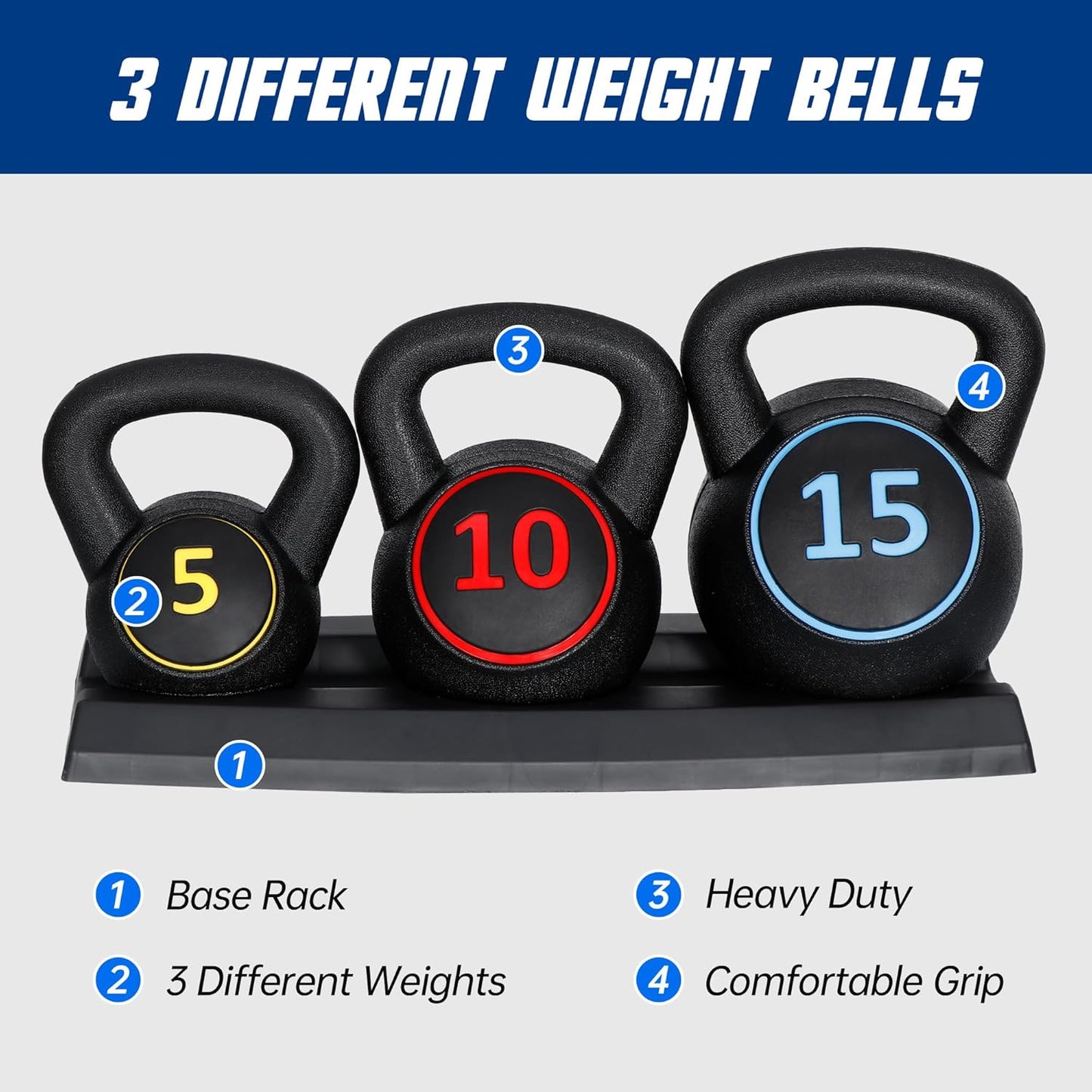 F2C 3-Piece Kettlebell Set with Storage Rack 5lb, 10lb, 15lb Weights HDPE Coated Concrete Kettlebells Core Training for Home Gym Exercise Fitness