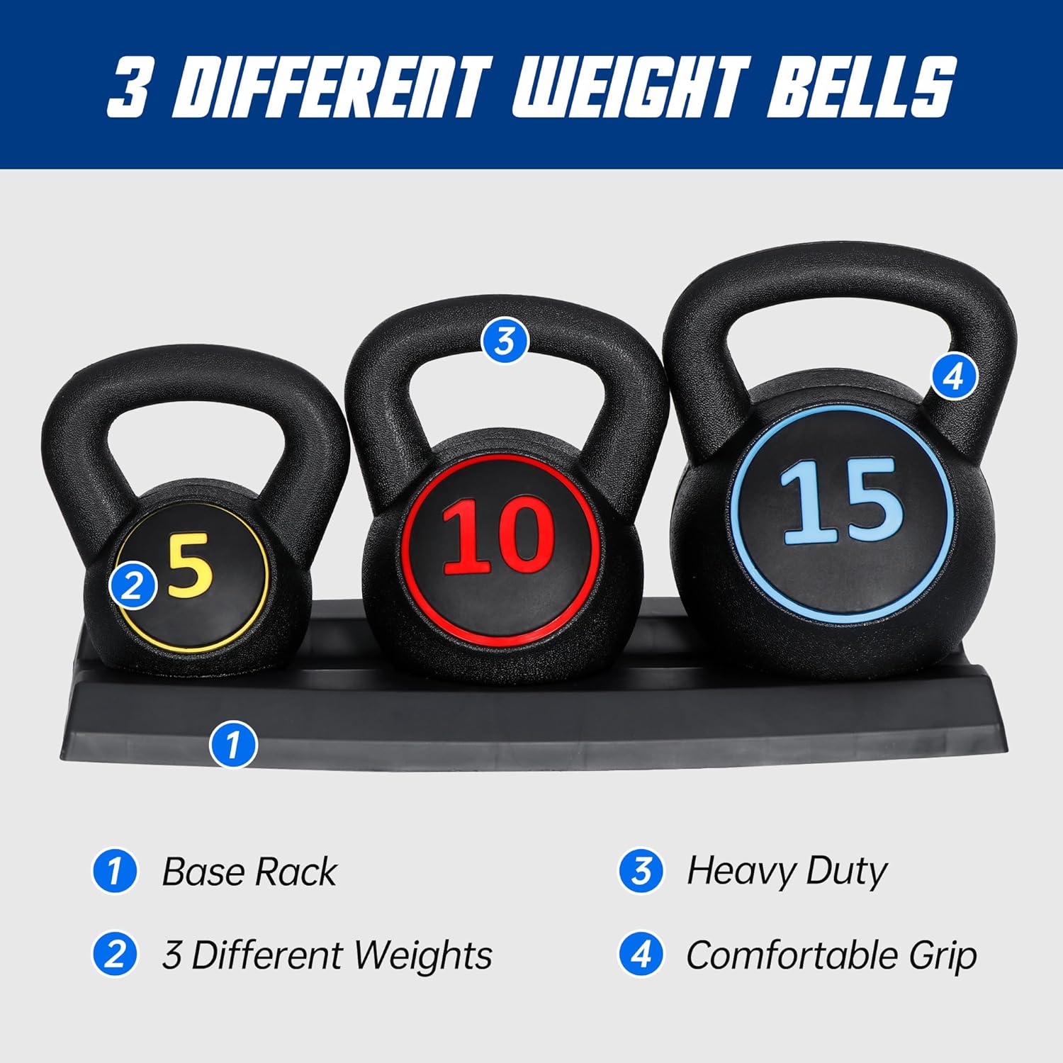 F2C 3-Piece Kettlebell Set with Storage Rack 5lb, 10lb, 15lb Weights HDPE Coated Concrete Kettlebells Core Training for Home Gym Exercise Fitness