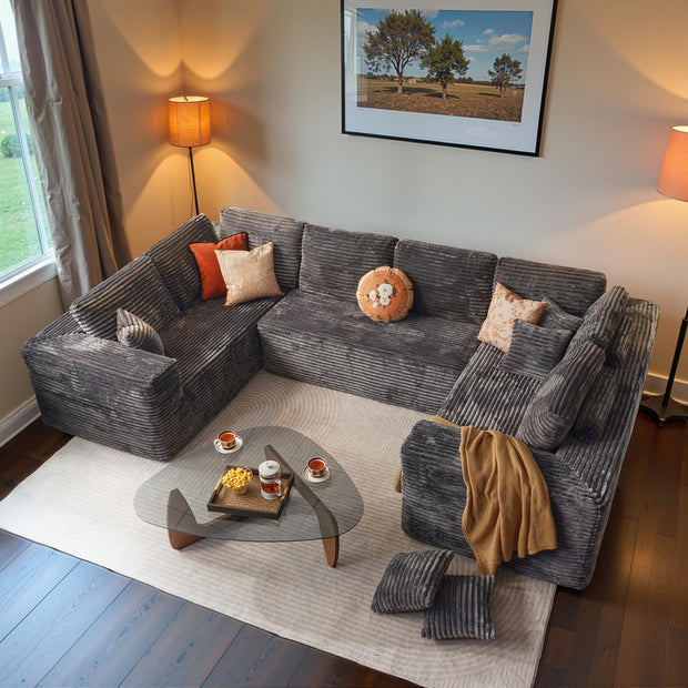 ovios Sectional Cloud Couch for Living Room, Modular Floor Sofa with Plush Corduroy, No Assembly Required, Big Comfy Couches Set with Fluffy Memory Foam, Stupendous U Shaped Sofas with Chaise, Brown