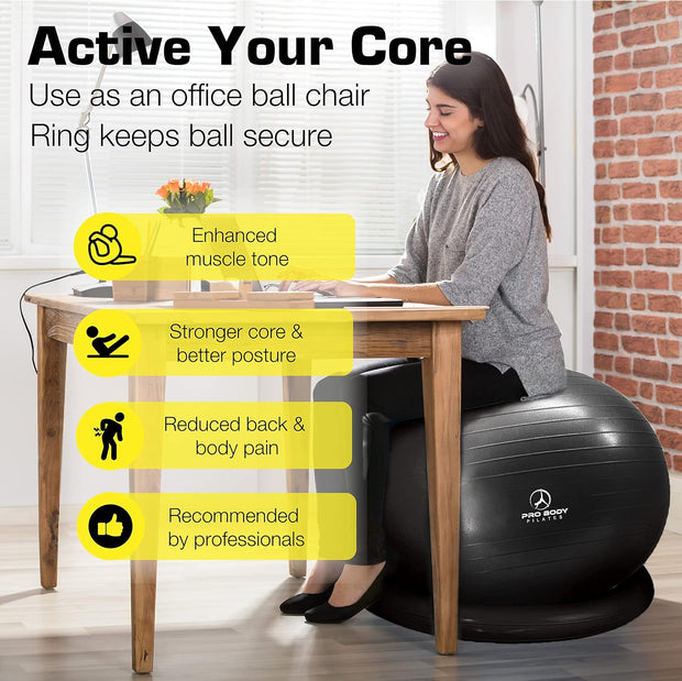 ProBody Pilates Yoga Ball Chair, Exercise Ball Chair with Base or Stand for Home Office Desk Sitting or Workout, 65cm Antiburst Balance & Stability Ball Seat, Large Gym Ball for Back, Abs