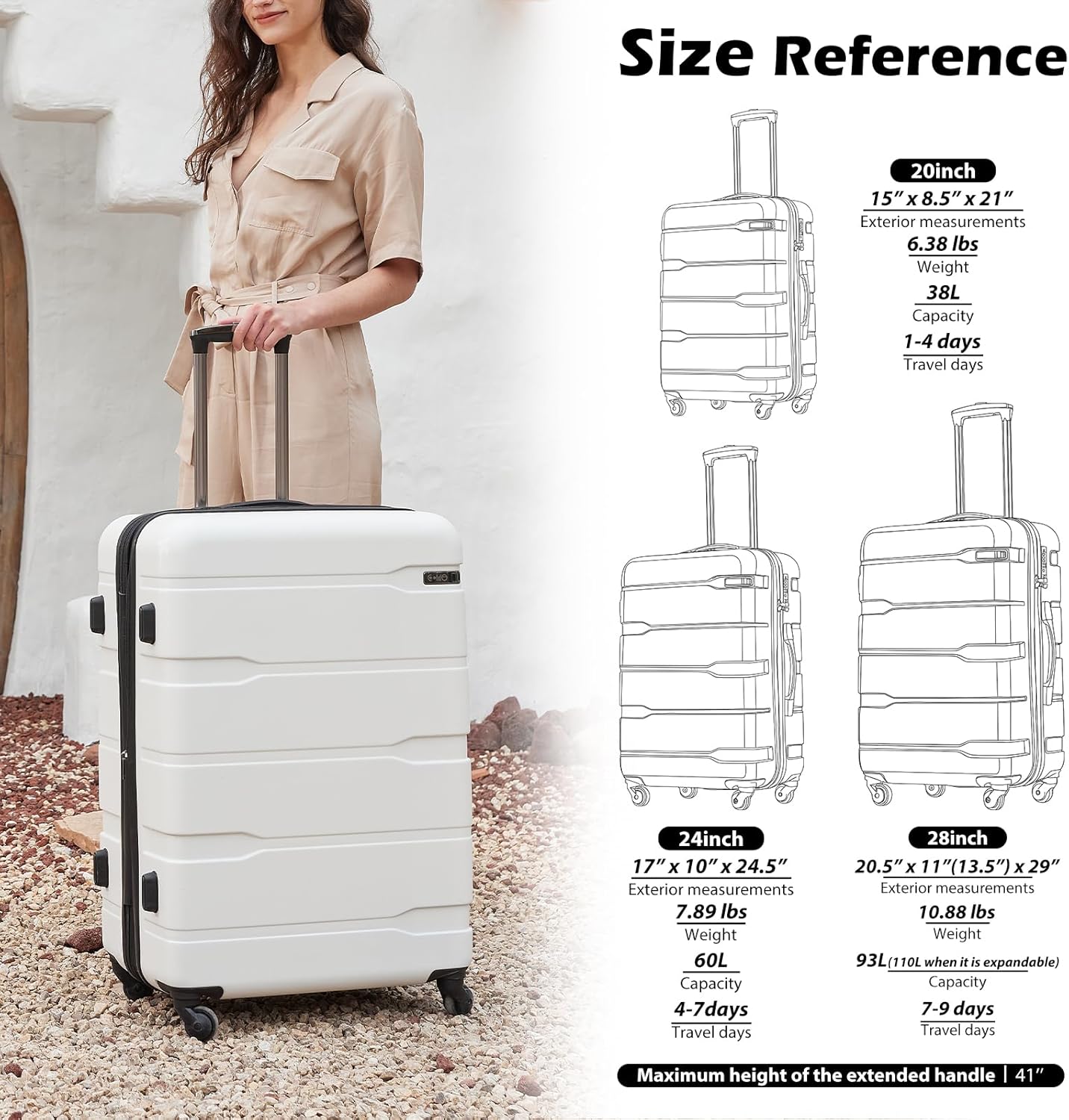 Coolife Luggage Expandable 3 Piece Sets PC+ABS Spinner Suitcase 20 inch 24 inch 28 inch (white, 3 piece set)