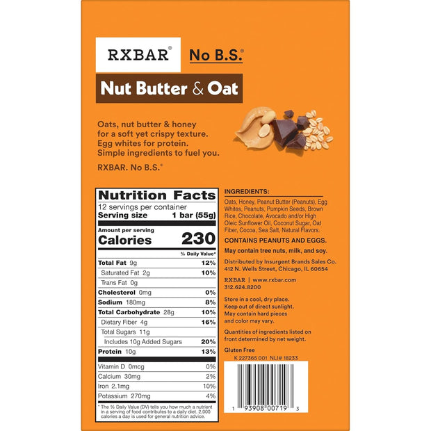 RXBAR Nut Butter and Oat Protein Bars, Protein Snacks, Snack Bars, Dark Chocolate Peanut Butter, 23.2oz Box (12 Count)