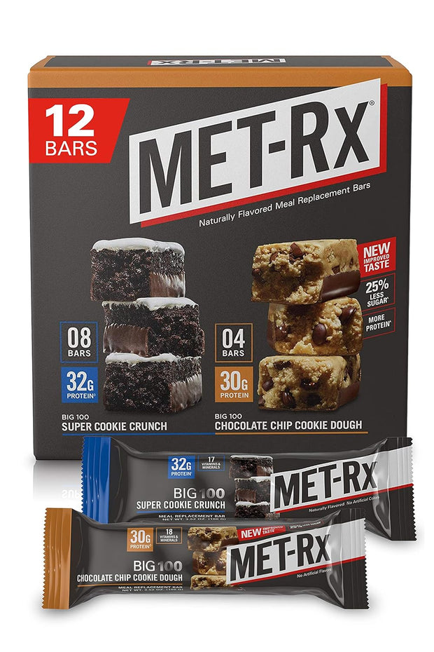 MET-Rx Big 100 Protein Bars, Meal Replacement Bars, Variety Pack - Super Cookie Crunch and Chocolate Chip Cookie Dough Bars, 12 Count, 3.52 Oz.