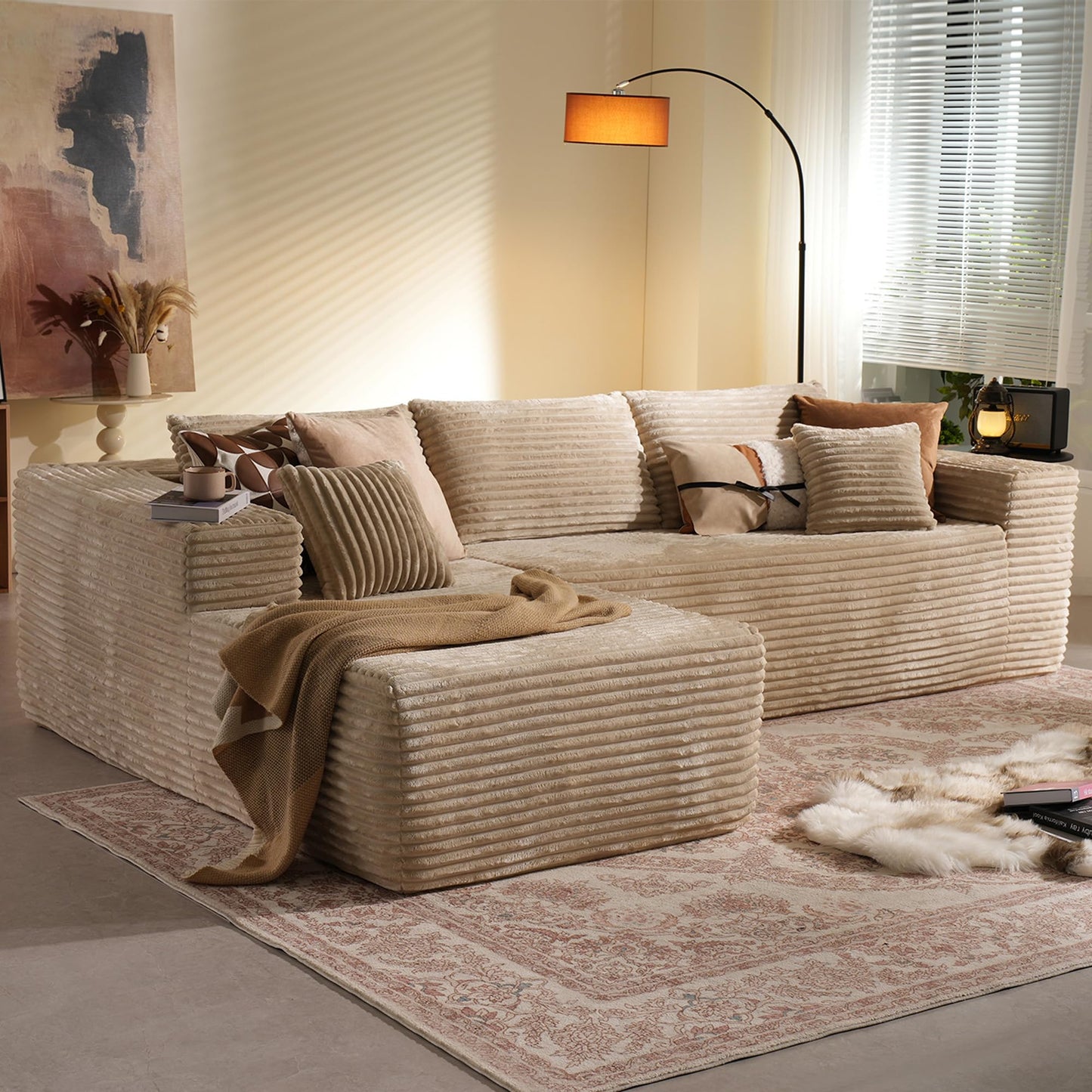 114" Boneless Couches for Living Room, Brown Faux Leather Cloud Sectional Couches with Chaise, Deep Seat L Shaped Modular Sofa, No Assembly Required Sofas in a Box (Right,Faux Leather,Brown)