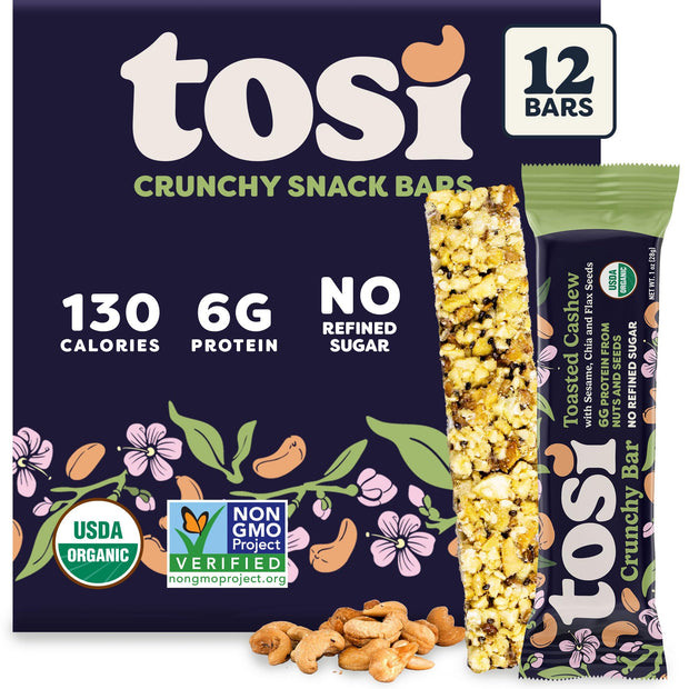 Tosi Nut Bars, Cashew Coconut, Healthy Snacks for Adults & Kids, Plant Based Crunchy Bars (6G Protein), Organic Keto Snacks, Vegan, Gluten & Soy Free, Low Sugar, Omega 3s, 1oz, 12-Pack