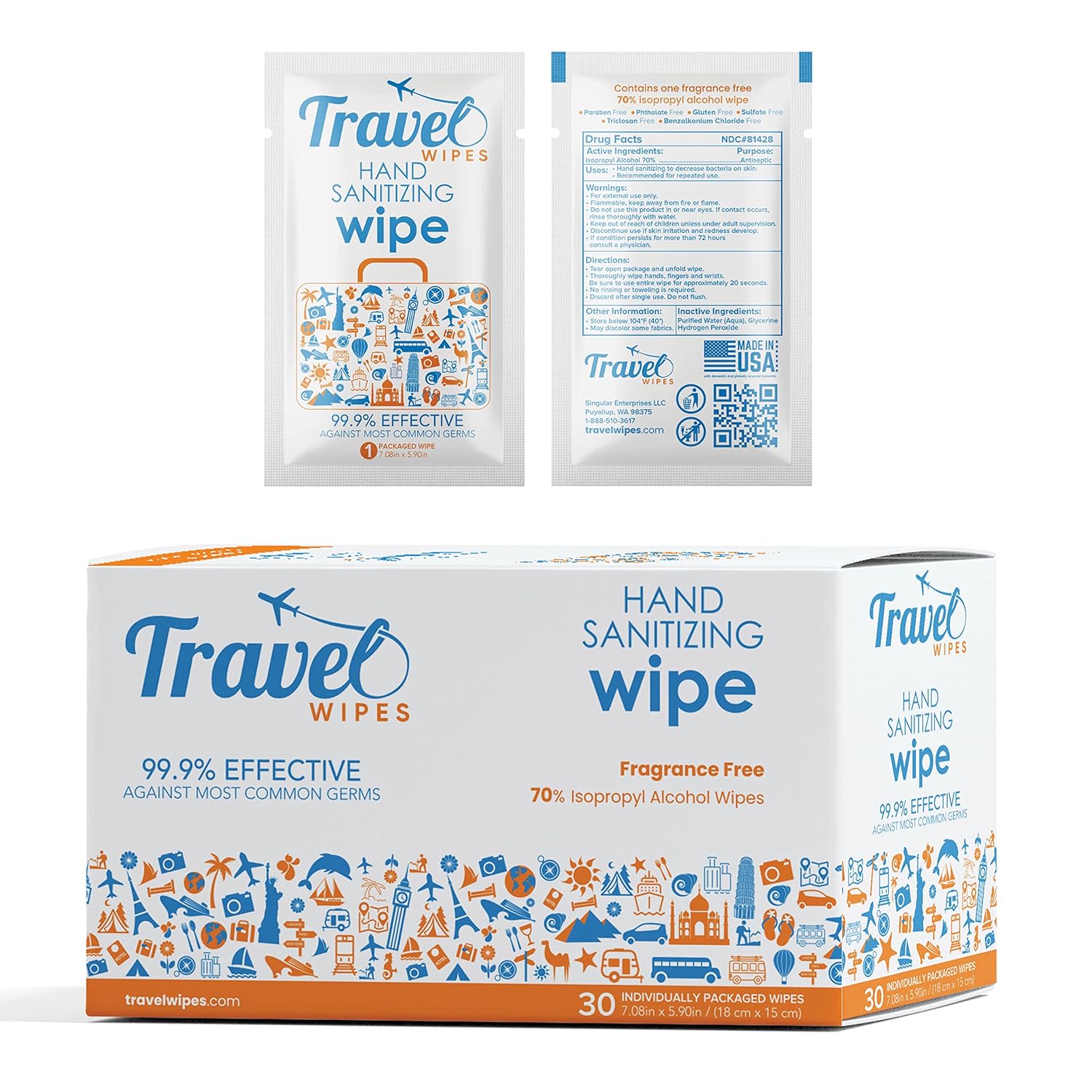 Hand Sanitizing Travel Wipes – 30ct Individually Wrapped | Fragrance-Free, Moisturizing, 70% Isopropyl Alcohol Wipes | Travel, Home, Office, Daily Use | Made in USA