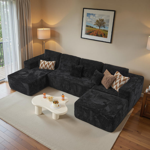 ovios Sectional Cloud Couch for Living Room, Modular Floor Sofa with Plush Corduroy, No Assembly Required, Big Comfy Couches Set with Fluffy Memory Foam, Stupendous U Shaped Sofas with Chaise, Brown