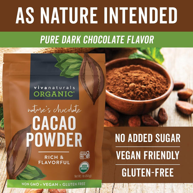 Viva Naturals Organic Cacao Powder, 1lb - Unsweetened Cacao Powder With Rich Dark Chocolate Flavor, Perfect for Baking & Smoothies, Non-GMO, Certified Vegan & Gluten-Free, 454 g