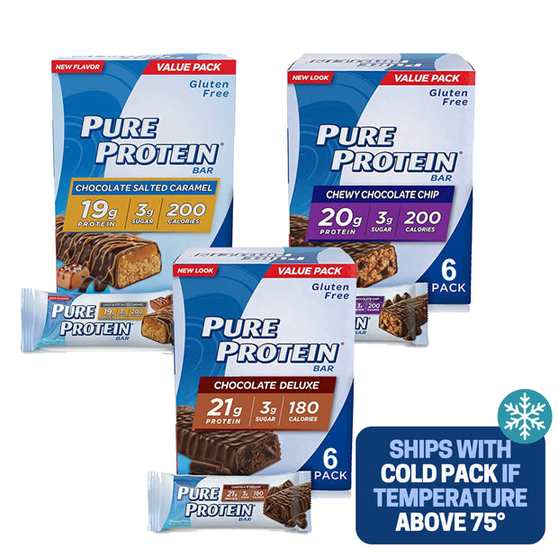 Pure Protein Bars, Chewy Chocolate Chip, Chocolate Deluxe, Chocolate Peanut Butter - Box of 6-3 Boxes - 1 Box of each flavor
