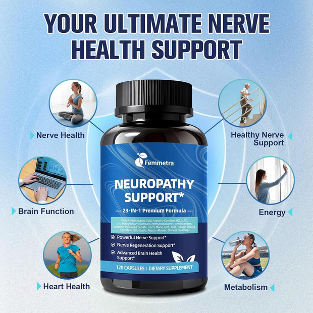 Nerve & Peripheral Neuropathy Support Supplement with 1200mg R-Alpha Lipoic Acid L-Carnitine Vitamin B12 B1 B6 D3 E Folate Lions Mane NAC Magnesium Turmeric - Liver Detox, Antioxidant & Mental Support