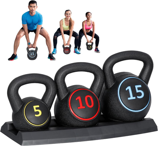 ZENY 3-Piece Kettlebell Set with Storage Rack Heavy Duty Concrete 5 lb 10 lb 15 lb Kettle Bells for Weightlifting, 30 lb Kettlebell Strength Training Kettlebells, Home Gym Equipment