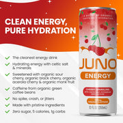 JUNO ENERGY Organic Cherry Sparkling Drink - Sugar Free Electrolytes, Energizing and Hydrating with 125mg Organic Caffeine from Green Coffee Beans, Organic Monk Fruit, Organic Sour and Black Cherry Juice & Electrolytes - Vegan, Gluten Free, 12 Pack