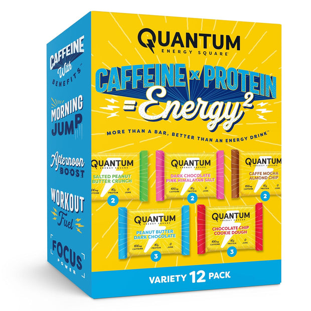 Quantum Energy Square: Energy Bar with Caffeine & 10g Protein. Delicious Healthy Snack On The Go. (Vegan, Gluten-free, Soy-free, Dairy-free) (Variety 12-Pack)