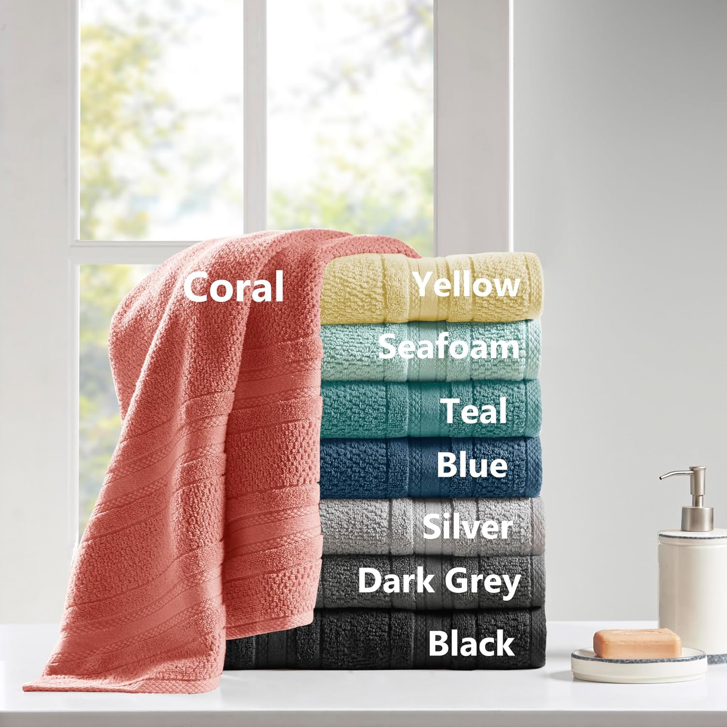 Madison Park Adrien 100% Cotton Soft Bathroom Towel Set, Highly Absorbent, Zero Twist, Quick Dry, Include 2 for Shower, 2 Hand & 2 Facial Wash Cloth, Multi Sizes, Coral 6 Piece