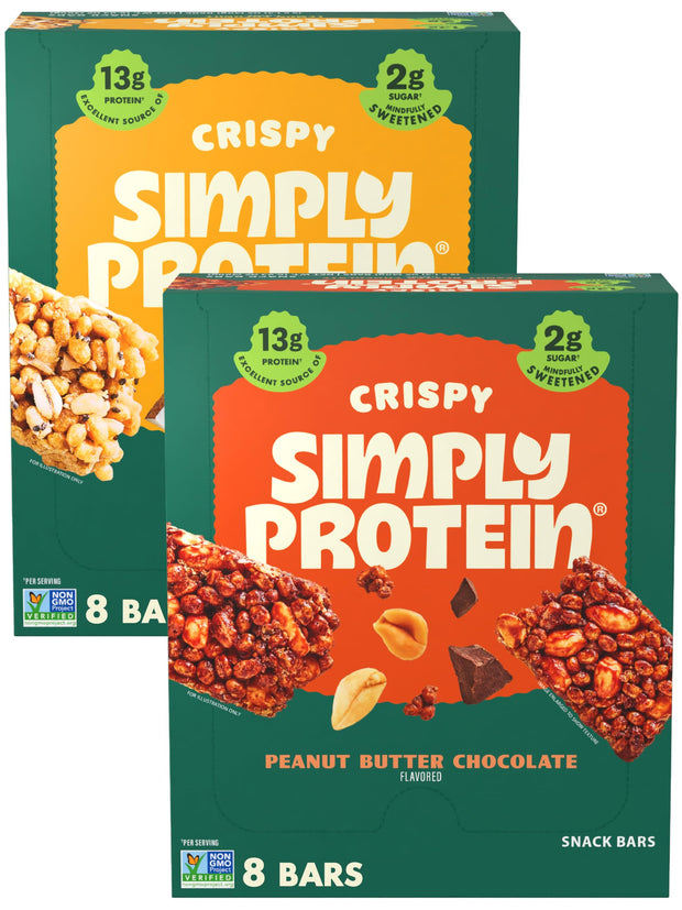 Simply Protein - Crispy Vegan Protein Bars Variety Pack, 3 Flavors - Plant Based, Protein Snacks - 13g Protein, 2g Sugar, 7g Fiber - Gluten Free, Non GMO, Kosher - 12 Bars