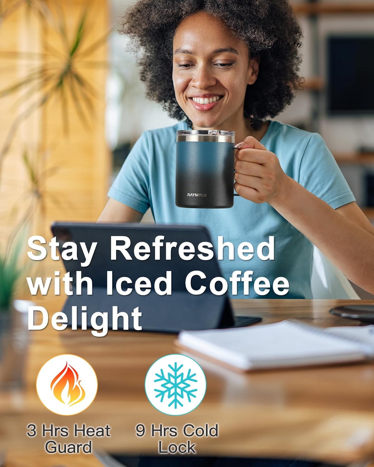 Insulated Coffee Mug 12 oz, Double Wall Stainless Steel Coffee Mug with Lids, Leak-Proof & Detachable Slider Lid for Thorough Clean, Keeps Coffee Cold for 9 Hrs, Suitable for Camp Home Office
