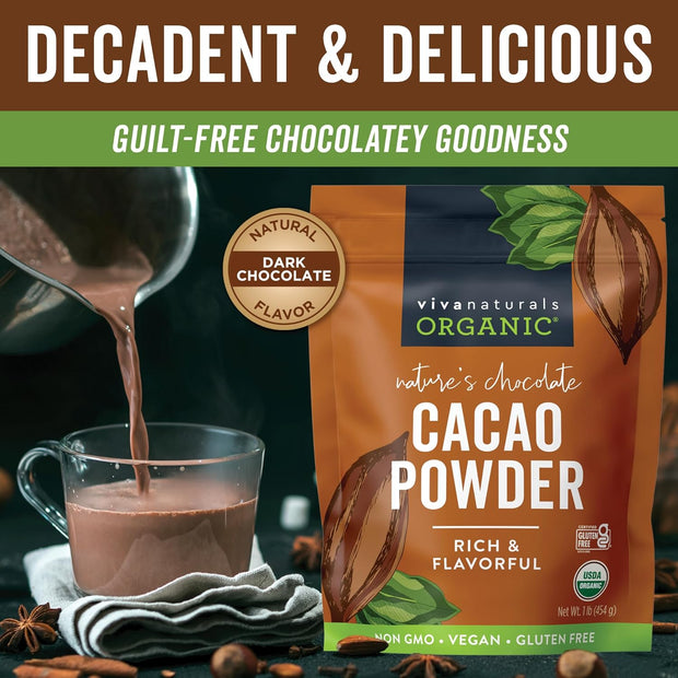 Viva Naturals Organic Cacao Powder, 1lb - Unsweetened Cacao Powder With Rich Dark Chocolate Flavor, Perfect for Baking & Smoothies, Non-GMO, Certified Vegan & Gluten-Free, 454 g
