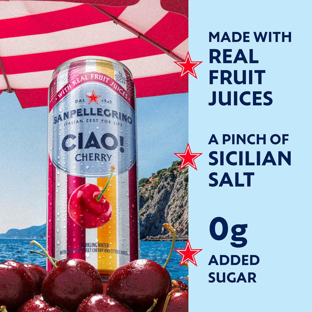 Sanpellegrino CIAO Cherry Sparkling Water, Low-Calorie Italian Sparkling Water with Real Fruit Juices, 0g Added Sugar, 24-Pack