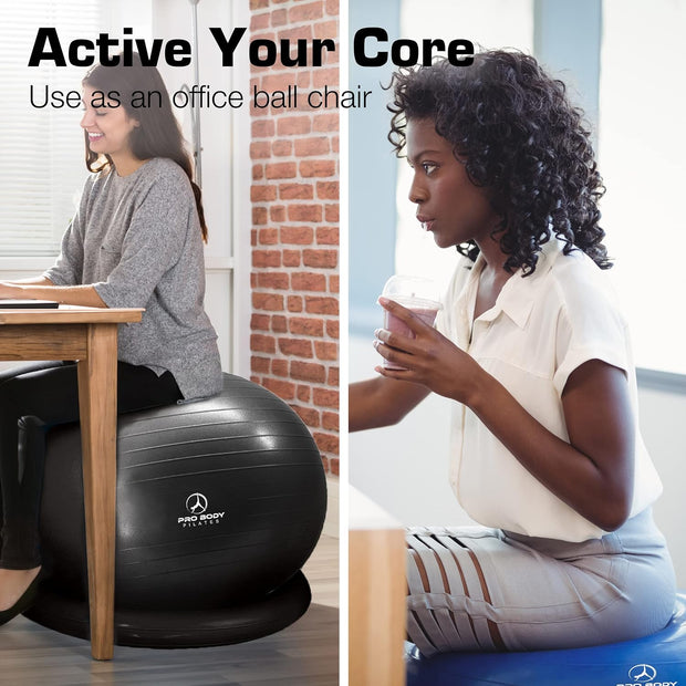 ProBody Pilates Yoga Ball Chair, Exercise Ball Chair with Base or Stand for Home Office Desk Sitting or Workout, 65cm Antiburst Balance & Stability Ball Seat, Large Gym Ball for Back, Abs