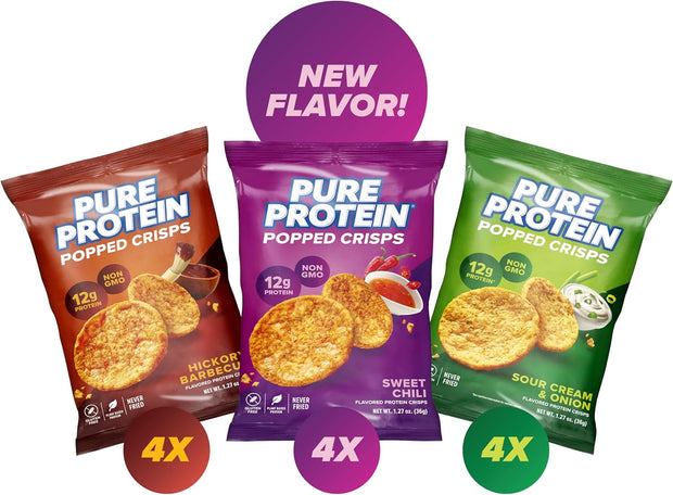 Pure Protein Popped Crisps, High Protein Snack, 12G Protein, Variety Pack: Hickory Barbecue, Sour Cream & Onion, Sweet Chili, 12 Count