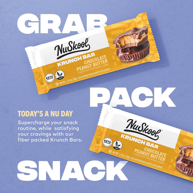 NuSkool Snacks Chocolate Peanut Butter Keto Friendly Protein Krunch Bars (12 Pack) - 7g Fiber, 10g Clean Plant-Based Protein, 3g Net Carbs - Gluten-Free, Non-GMO, Vegan, Low Carb Keto Healthy Breakfast Snack