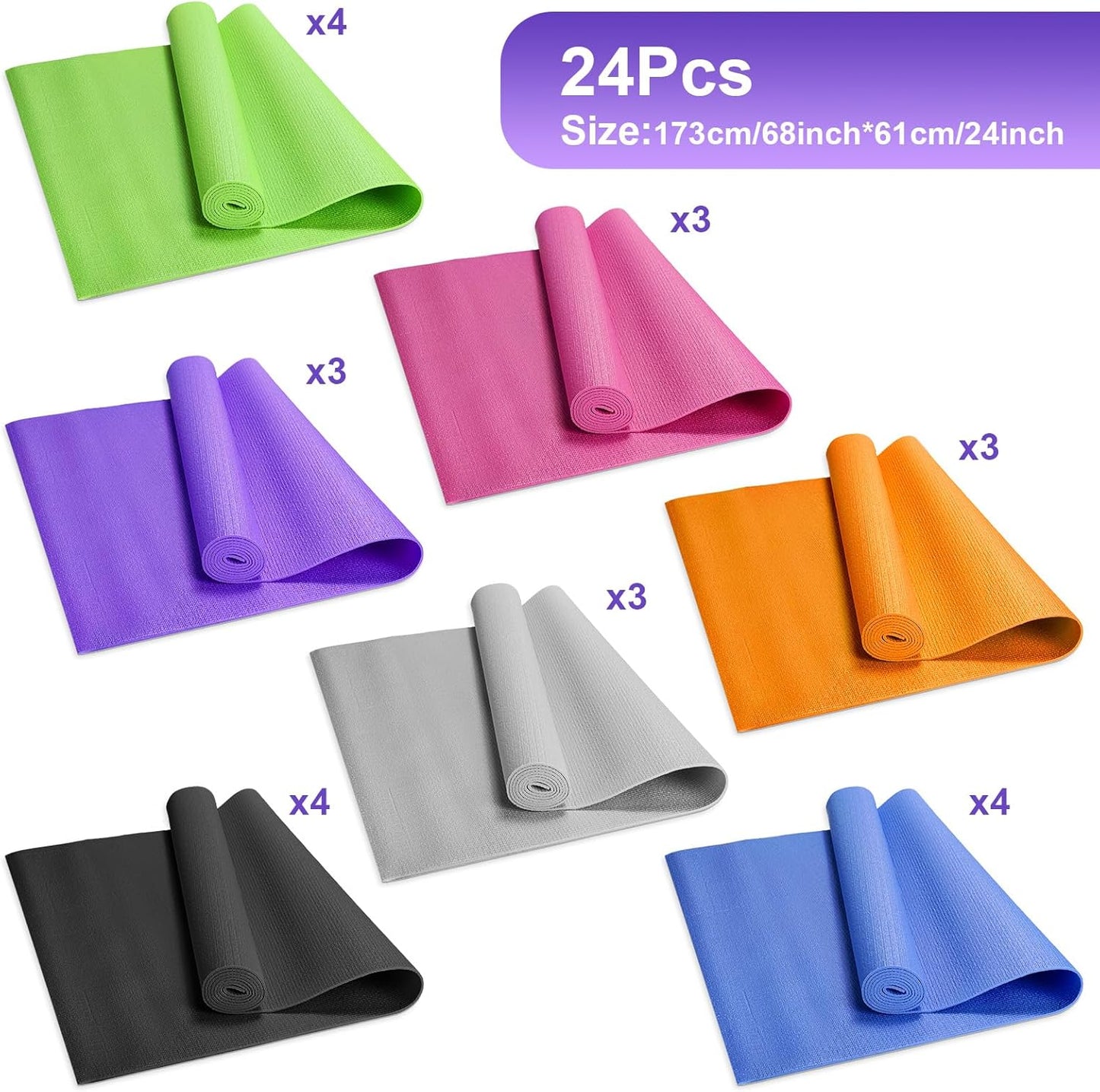 24 Pcs 3 mm Thick Yoga Mat Bulk, 68.11 x 24.02 Inches Exercise Workout Non Slip Fitness Pad for Women Kids Gym Home Yoga Pilates, Reliable Sturdy Material and Easy to Clean