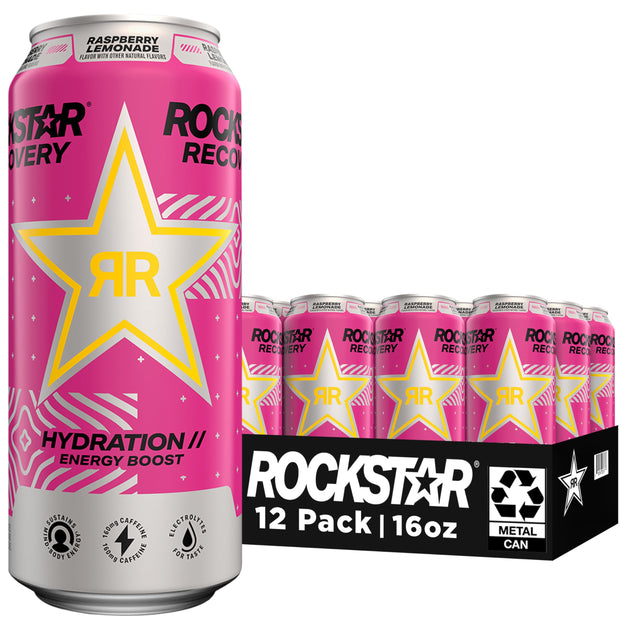 Rockstar Energy Drink with Caffeine Taurine and Electrolytes, Recovery Lemonade, 16oz (12 Pack) (Packaging May Vary)