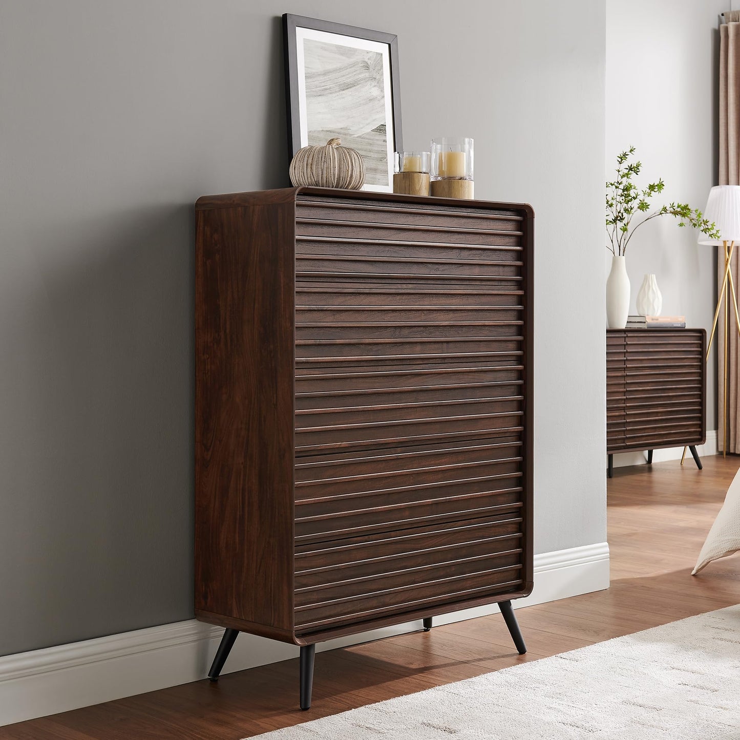 RedLemon 6 Drawers Dresser for Bedroom, 54'' Wide Mid Century Modern Wood Fluted Double Dresser, Chest of Drawers with Tapered Leg for Bedroom, Living Room, Hallway, Closet, Dark Walnut