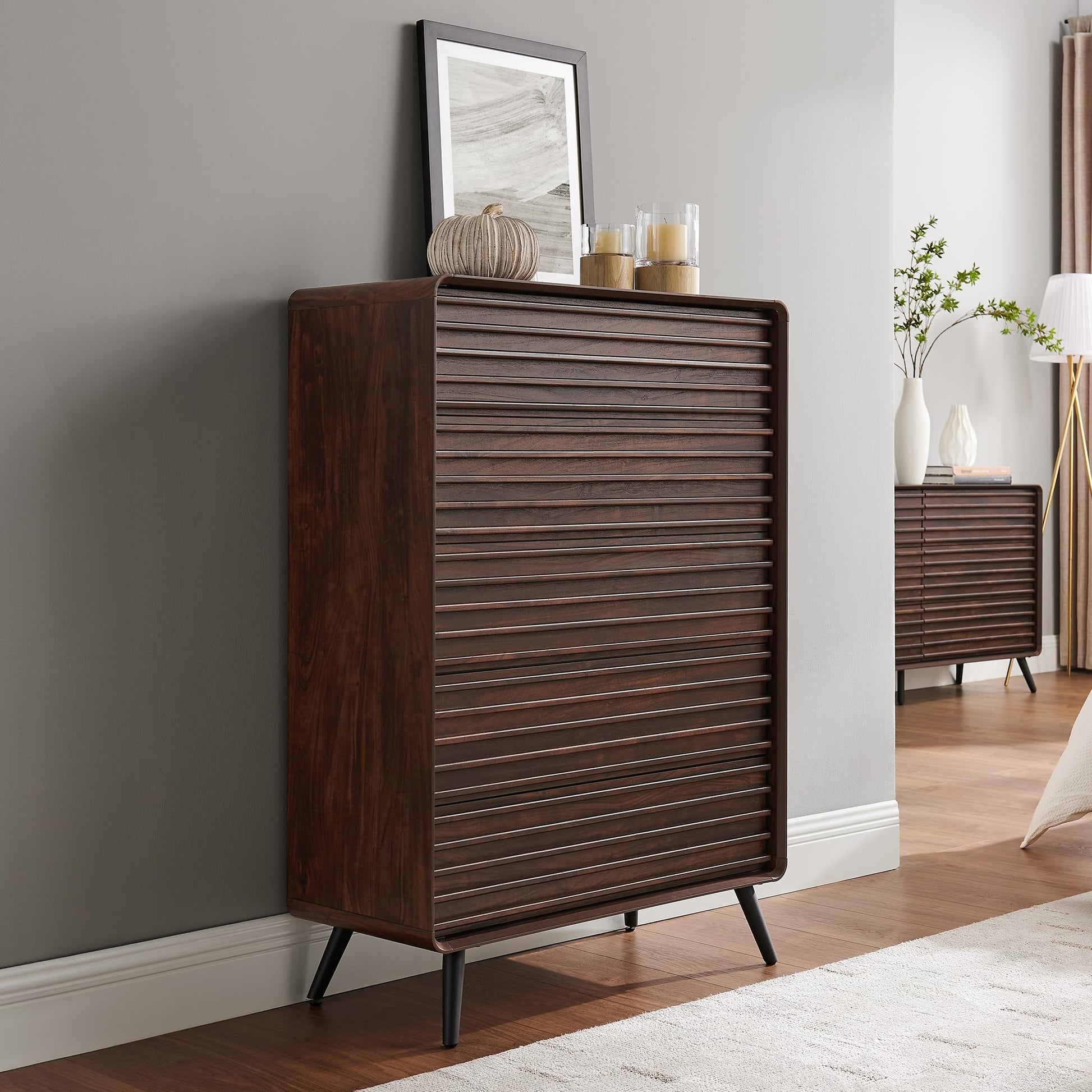 RedLemon 6 Drawers Dresser for Bedroom, 54'' Wide Mid Century Modern Wood Fluted Double Dresser, Chest of Drawers with Tapered Leg for Bedroom, Living Room, Hallway, Closet, Dark Walnut